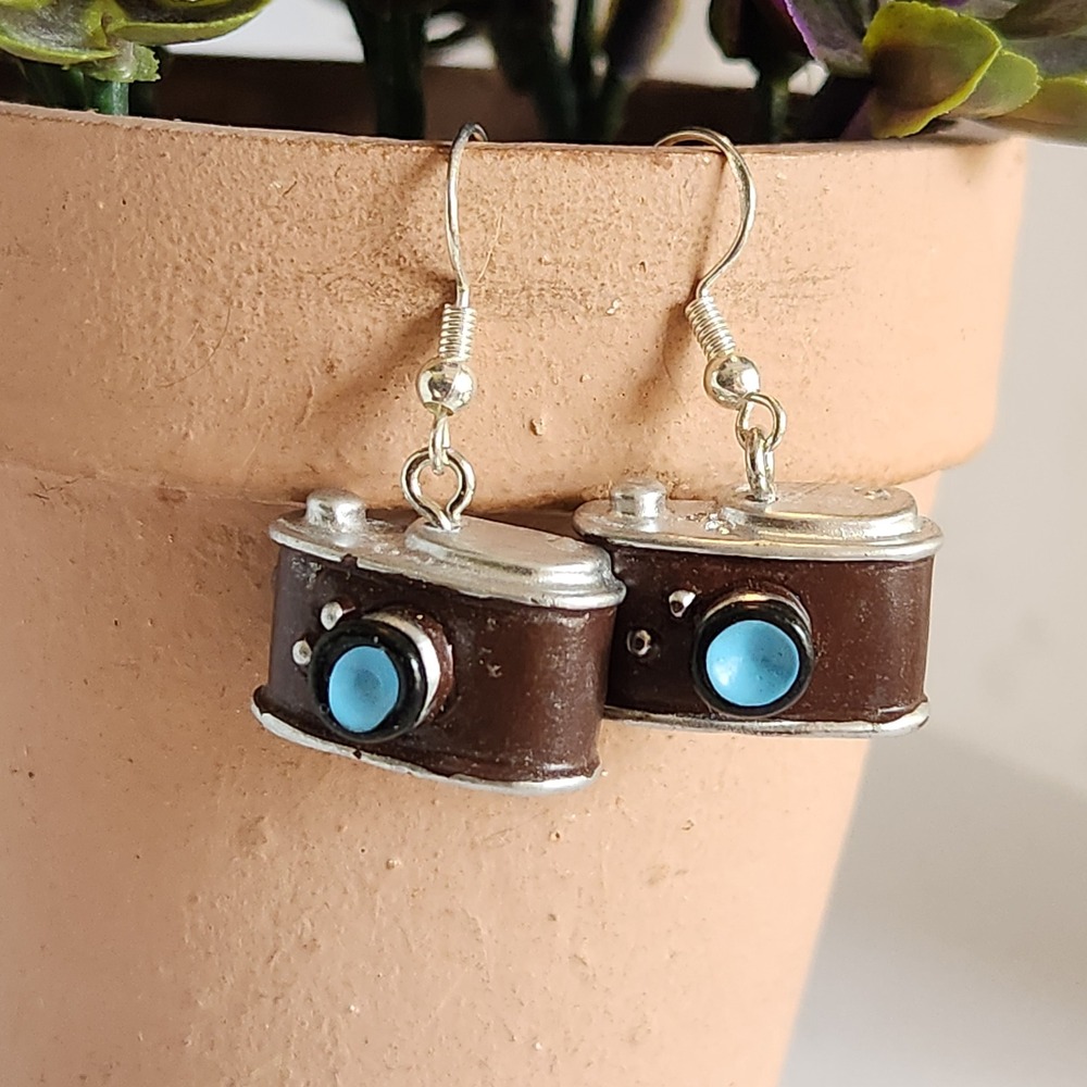 Vintage Style Brown Camera Drop Earrings Retro Photography Jewelry Blue Lens